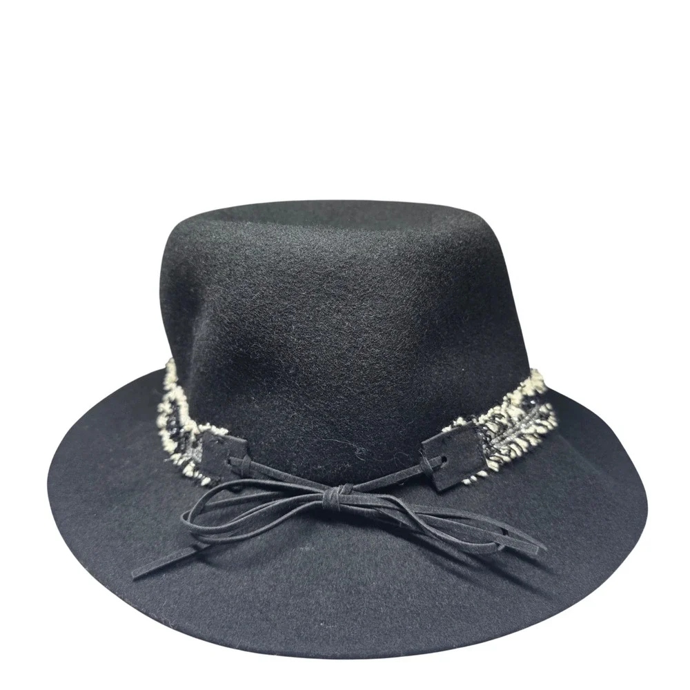 Nine West Black 100% Wool Fedora Hat Tweed Band Bow Accent One Size Wide Brim